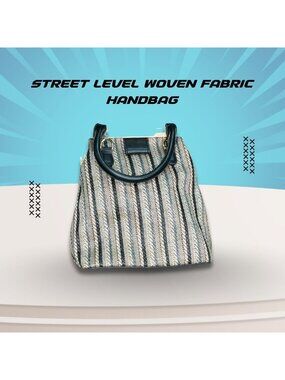 Street Level Striped Woven Fabric Handbag With Black & Wood Frame Detailing